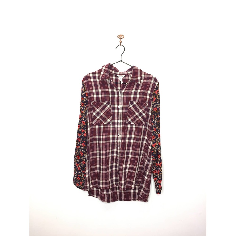 Bethany Mota Plaid Floral Mixed Media Button Down Shirt Long Sleeve Pockets S